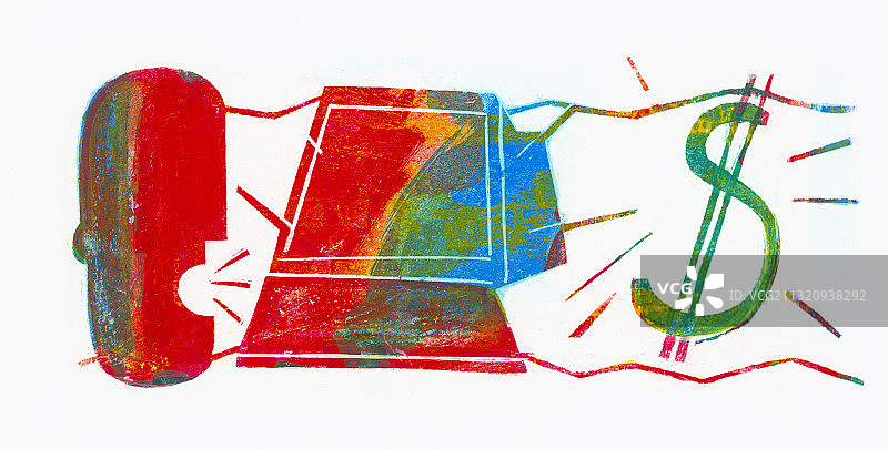 人物对着电脑和美元符号喊叫插画图片素材