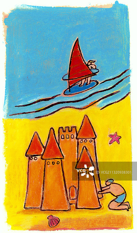 儿童在海边堆沙堡，远处有冲浪者插画图片素材