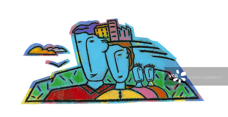 年轻夫妇与两个孩子和建筑物插画图片素材