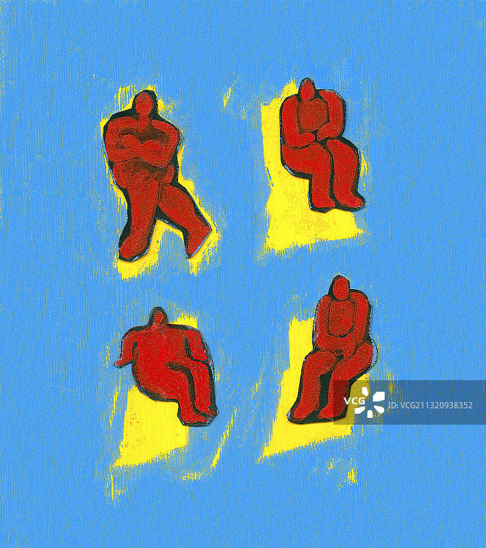 蓝色背景上四个黄色人物的插图图片素材