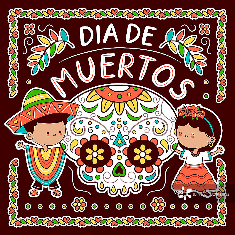 糖骷髅和墨西哥服装儿童图片素材