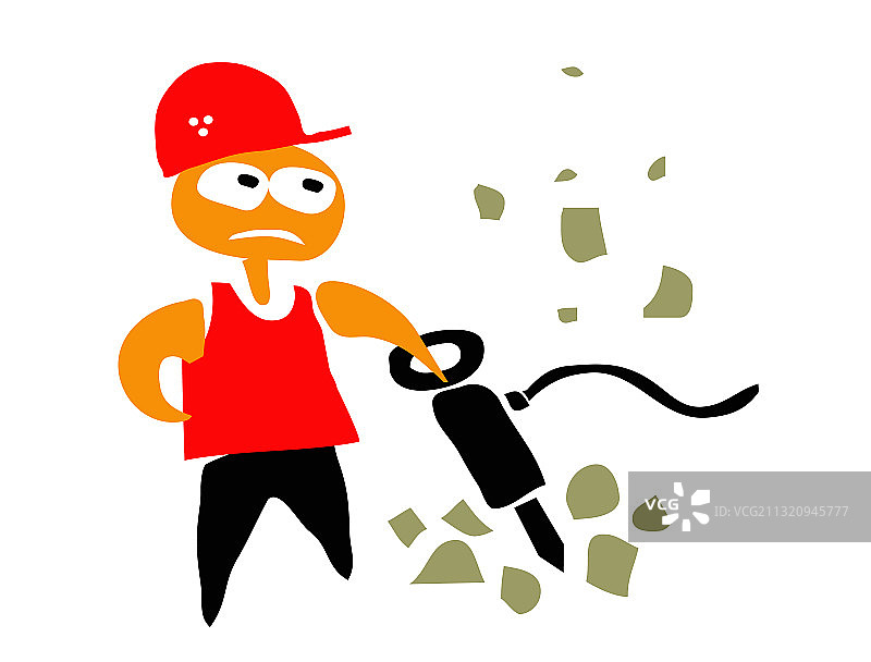 戴红色头盔用风镐工作的男孩图片素材