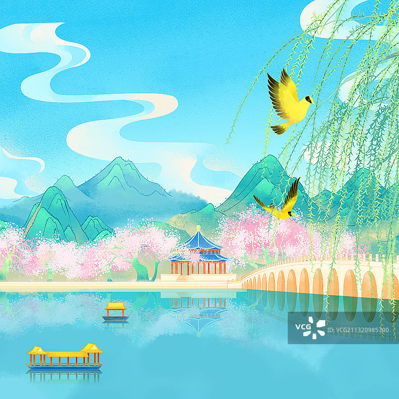 清明节颐和园十七孔桥黄鹂柳树山水插画图片素材