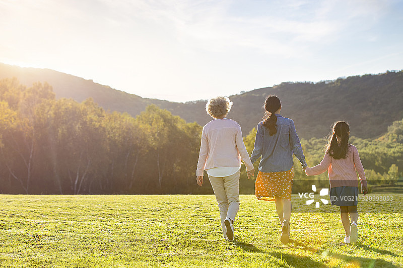快乐的的家庭在草地上散步图片素材