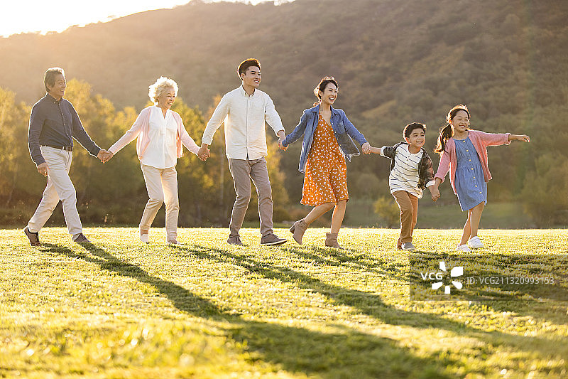 快乐的家庭手牵手在草地上散步图片素材