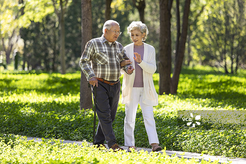 幸福的老年夫妇在公园散步图片素材