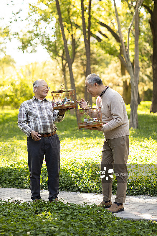 快乐的老年人在公园遛鸟图片素材