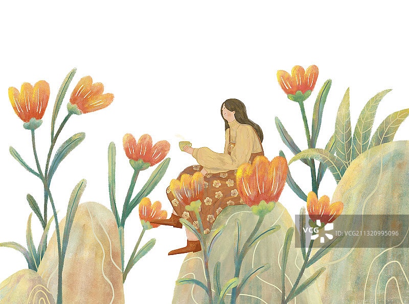 女孩在户外石头上喝茶图片素材