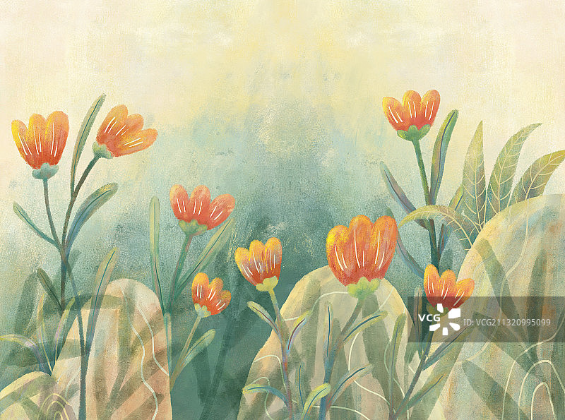 户外花与石头插画图片素材