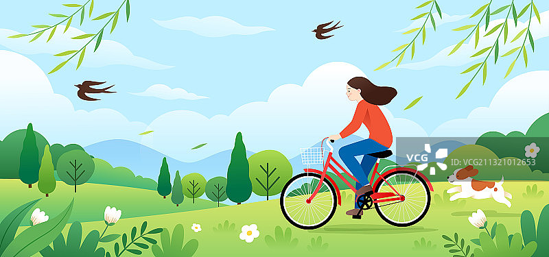 春天一个女孩在户外骑自行车图片素材