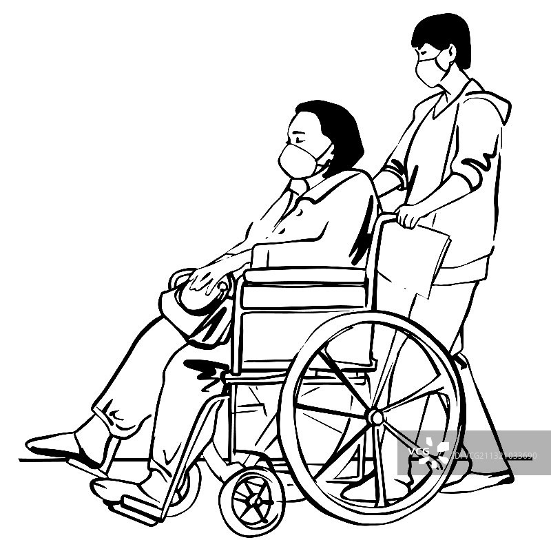 坐轮椅的残疾女性黑色线条素描图片素材