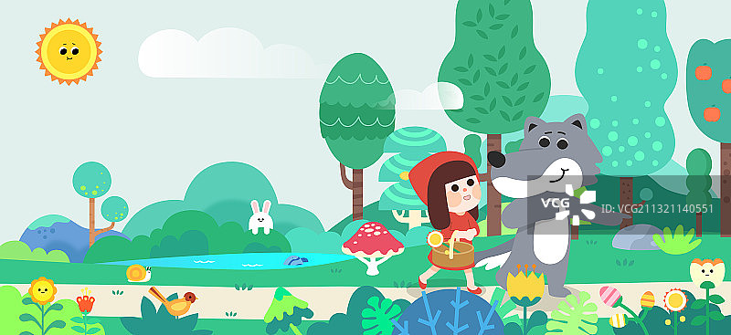 绘本儿童插画大灰狼与小红帽图片素材