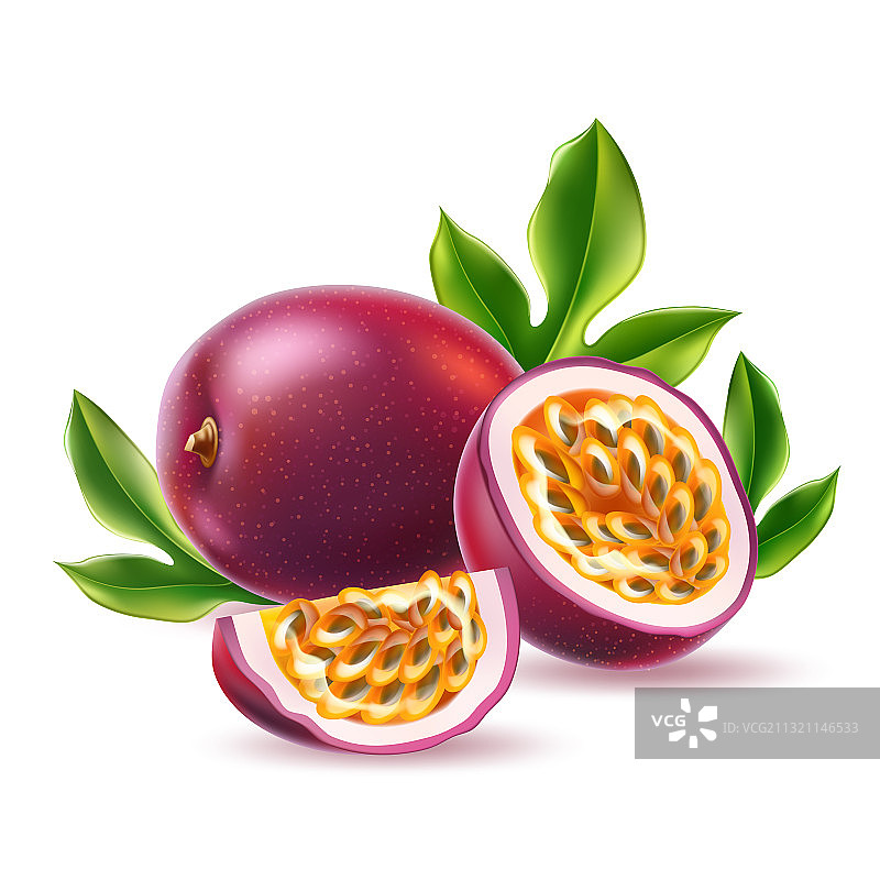 逼真百香果与绿色叶子图片素材