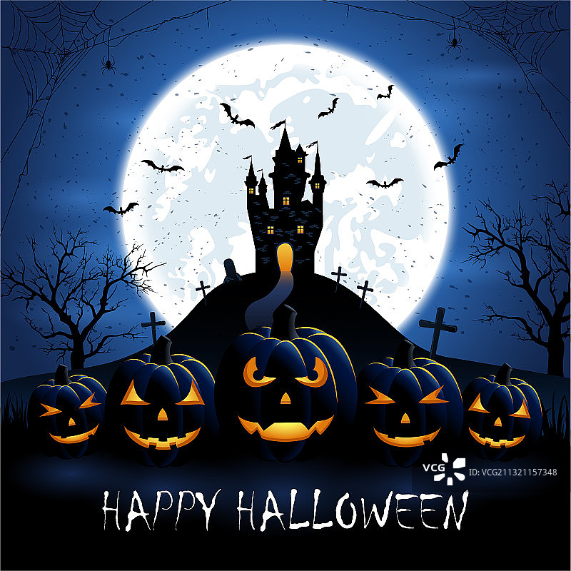 蓝色夜晚的万圣节南瓜和城堡图片素材