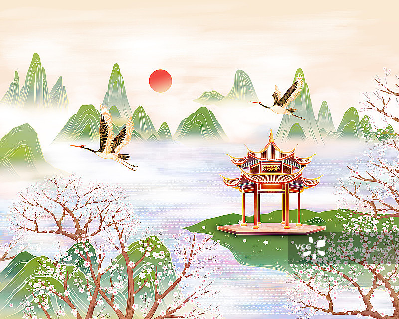 中国风山水樱花园林手绘插画海报背景图片素材