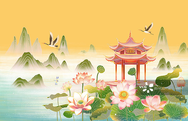 夏天西湖荷花盛开美景手绘插画背景图片素材