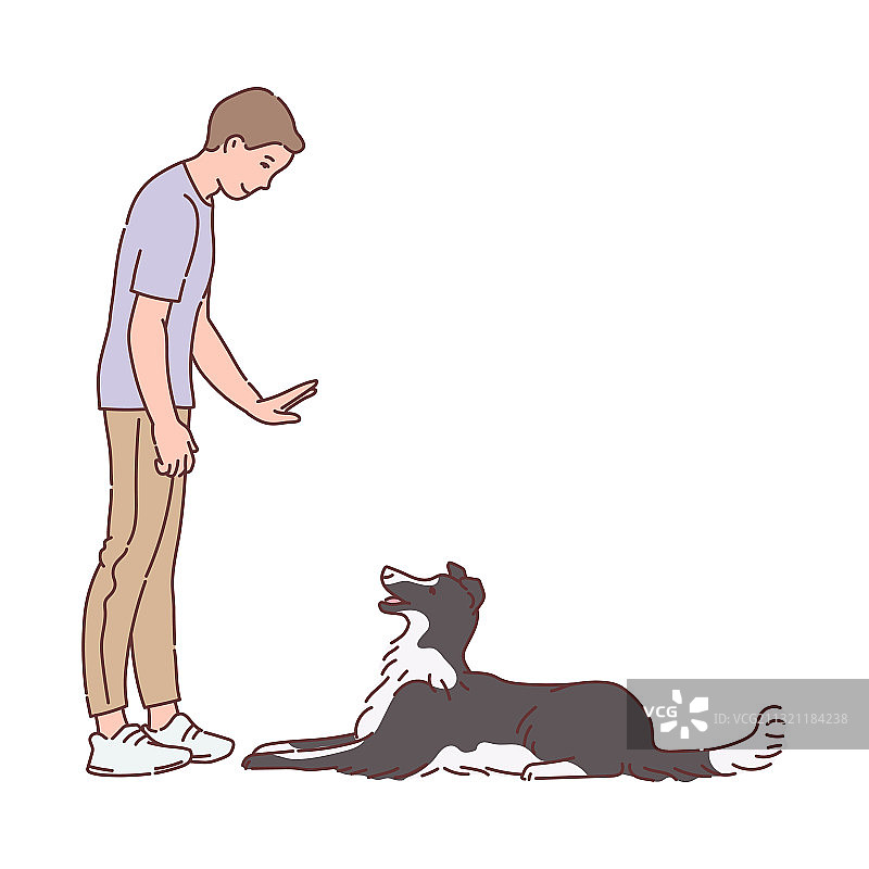 男人训练狗理解命令的草图图片素材