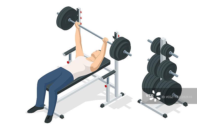 在健身房卧推的2.5D男人图片素材