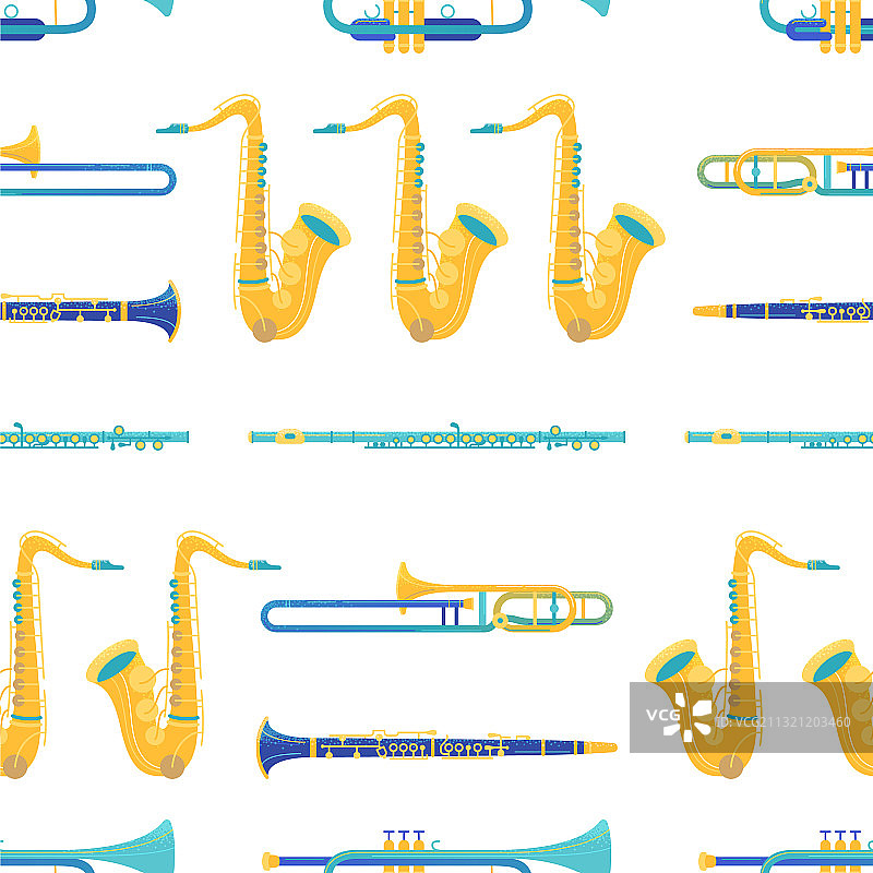扁平风格的黄铜和木管乐器无缝图案图片素材