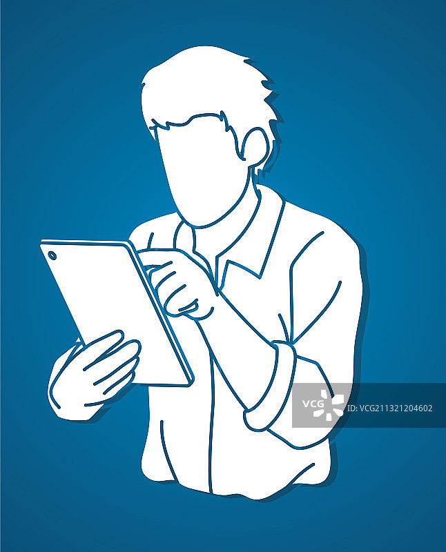 使用平板电脑的卡通男人图片素材