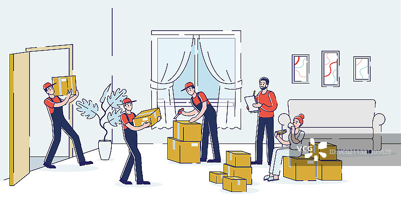 搬运工在新家客厅里搬运箱子图片素材