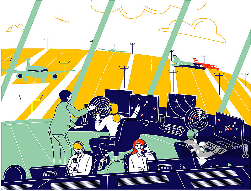 空中交通管制员团队与飞机协同工作图片素材