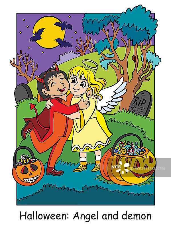 万圣节彩色可爱小天使与恶魔拥抱图片素材