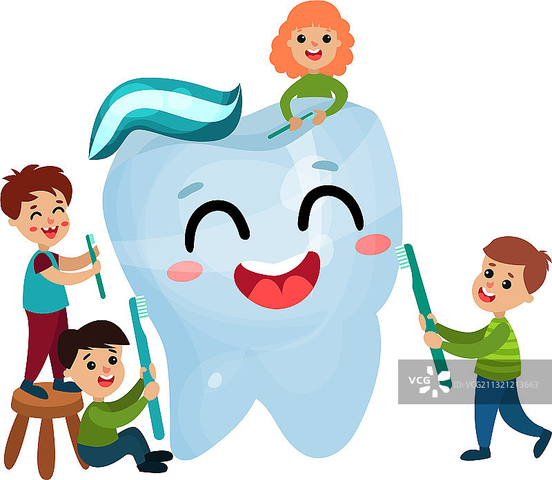 拟人化的巨大牙齿和正在刷牙的小孩图片素材