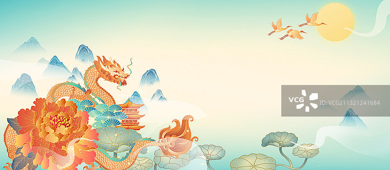 国潮山水龙纹图案图片素材