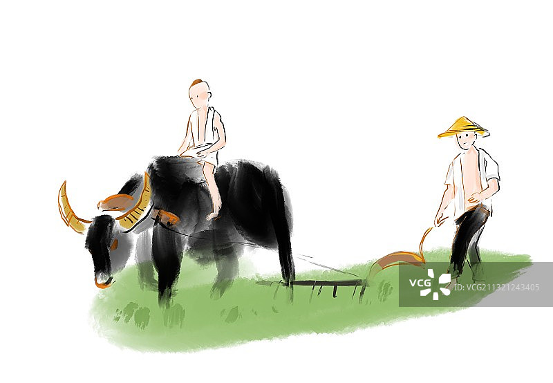 春天二十四节气耕种的农民和老黄牛元素插画图片素材