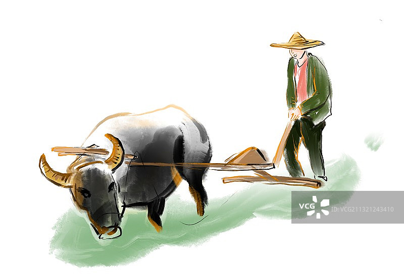 春天二十四节气耕种的农民和老黄牛元素插画图片素材