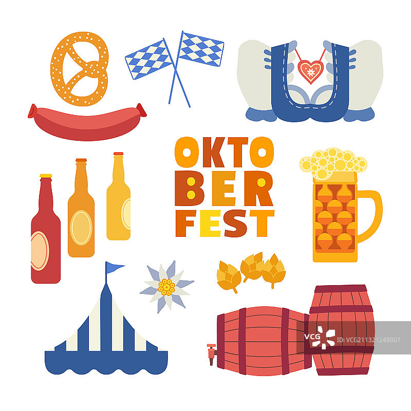 手绘扁平风格慕尼黑啤酒节图标合集图片素材
