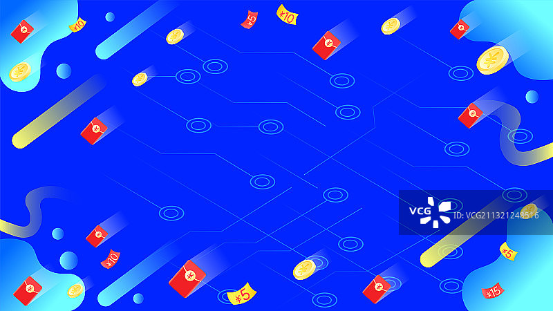 蓝色科技渐变红包雨金币矢量插画背景图片素材