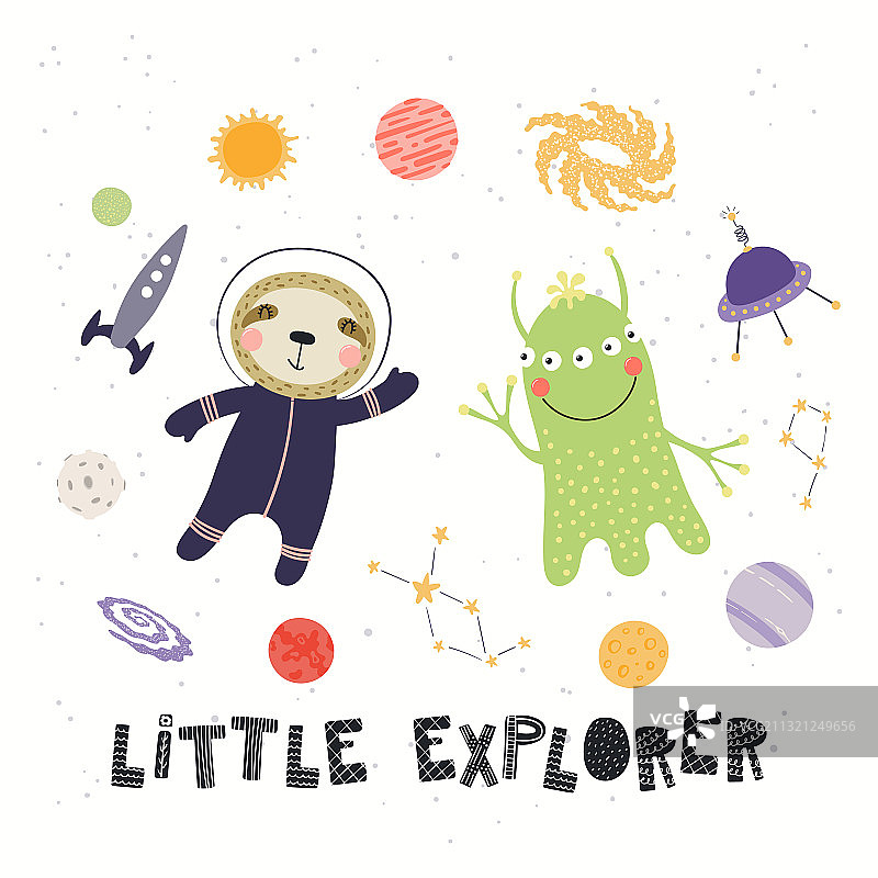 可爱树懒宇航员和外星人图片素材
