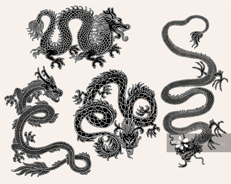 一组黑色雕刻风格的中国龙图像图片素材