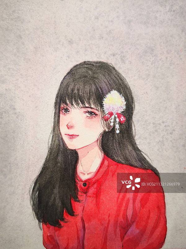 手绘水彩人物插画长发女孩图片素材