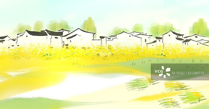 水彩风景画新农村背景图片素材
