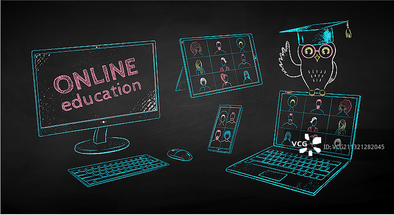 戴着毕业帽和电子设备的猫头鹰图片素材