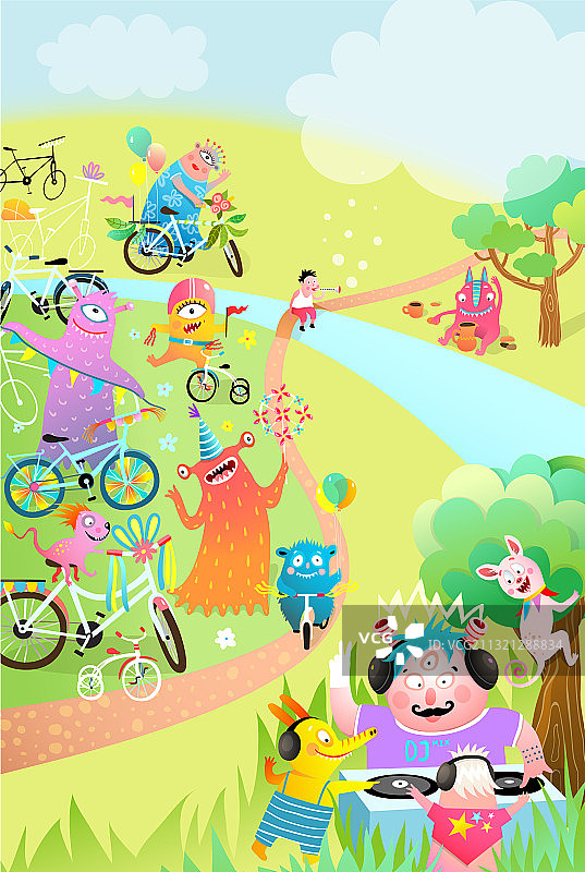 怪物自行车装饰和DJ儿童音乐活动图片素材