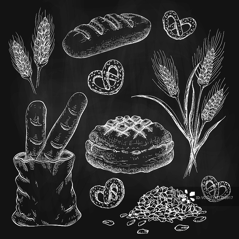 黑色黑板上的粉笔手绘面包合集图片素材