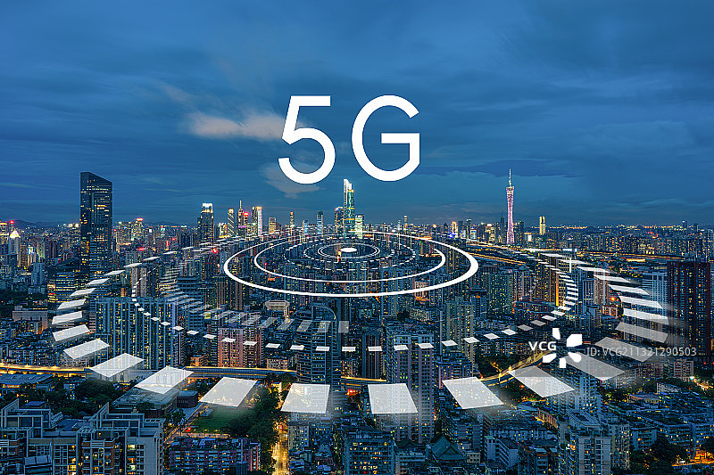广州城市风光夜景和5G智慧城市大数据概念图片素材