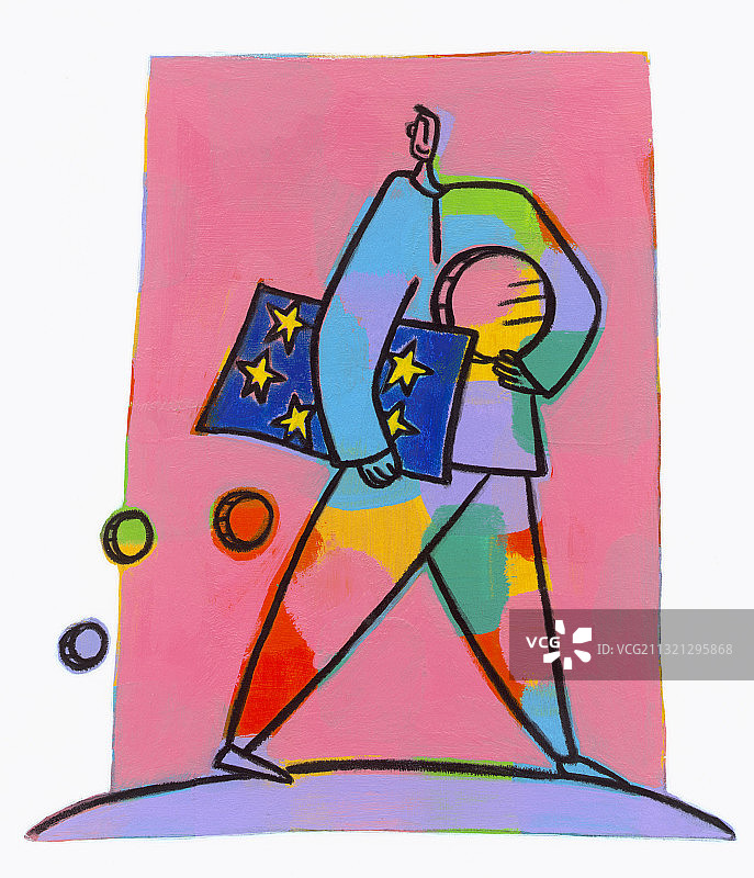 手持欧盟旗帜和掉落硬币的男子插画图片素材