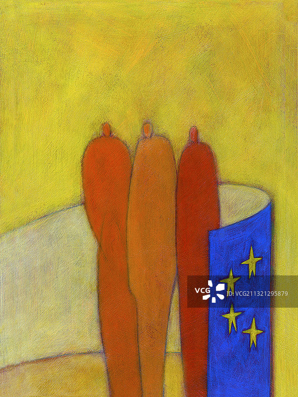 三个男人裹在欧盟旗帜里。插图。图片素材