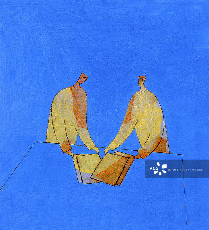 两位拿着文件的男士，蓝色背景。插图。图片素材