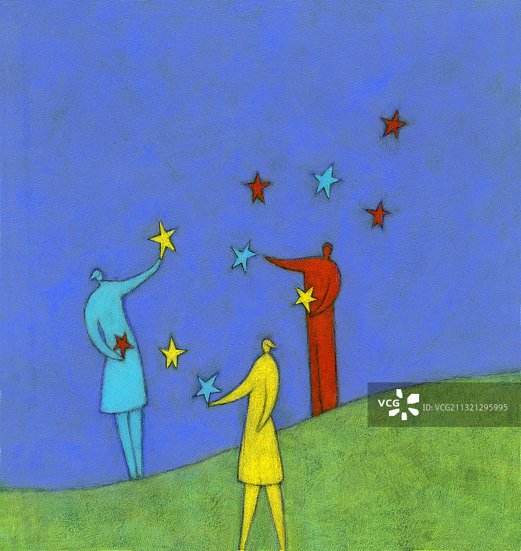 三人夜晚玩抛星星的插画图片素材