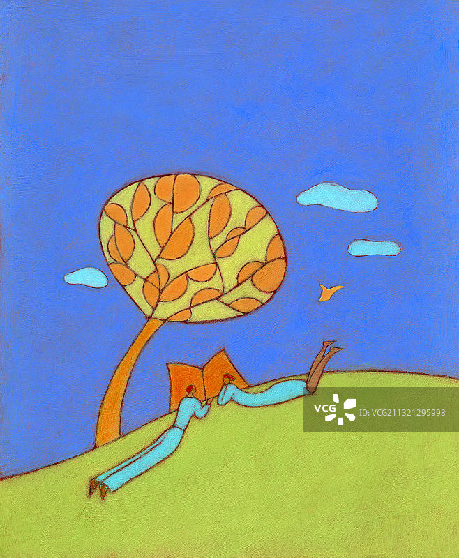 男孩和女孩躺在草地上看书插画图片素材