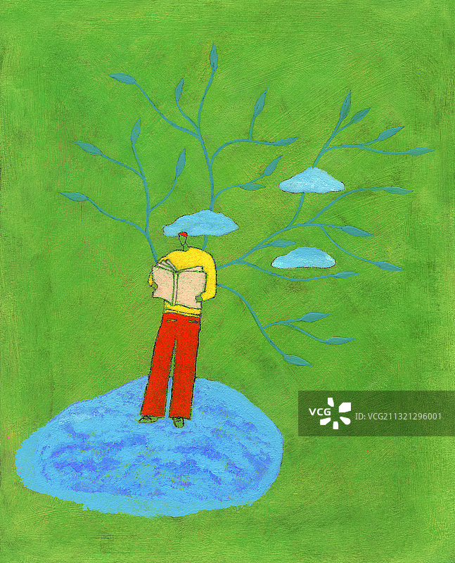 男人站在云端读书。插画图片素材