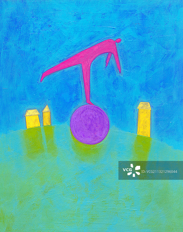 乘坐紫色气球，远处是建筑物的男人，插画图片素材