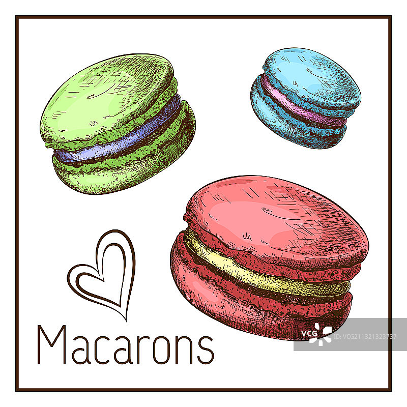 白色背景上的可爱彩色马卡龙手绘图片素材