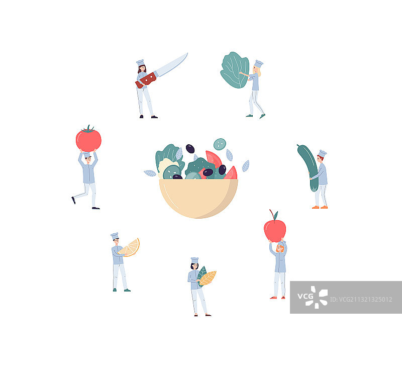 卡通厨师一起制作沙拉（扁平风格）图片素材
